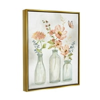 Stupell Pink Flowers Fluttering Butterfly Botanical & Floral Painting Gold Floater Framered Art Print Wall