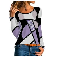 Ženski vrhovi dugih rukava casual bluza Grafički printira žene modne okrugle majice iz dekolina Purple 3xl