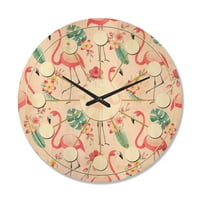 Designart 'Tropical Botanicals, Flamingo and Flowers II' Mid-Century Modern Wood Wall Clock