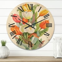 Designart' Cvjetajući cvijet narandže i bijelih tulipana ' tradicionalni drveni zidni sat
