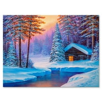 Stara Kabina U Zimskoj Šumi U Večernjim Satima Glow I Slikarstvo Platno Art Print