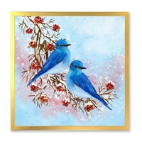 Designart' Dvije Plave Ptice Zimi Sjede Na Grani S Bobicama ' Tradicionalni Uokvireni Umjetnički Print