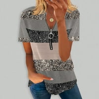 Amlbb vrhovi za žene s kratkim rukavima slobodno udobnim V-izrezom Zip Print Top bluza Ležerne ljetne košulje