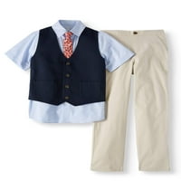 Wonder Nation Dressy Vest Set sa plavom košuljom kratkih rukava sa prugama, Skinny kravatom, Mini Pique prslukom