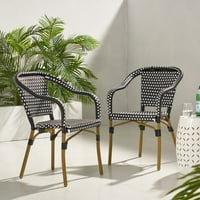 Baton aluminijumske i pletene vanjske Francuske Bistro stolice, Set od 2, crne, bijele i drvene štampe