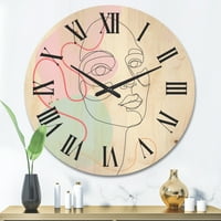 Designart' crtež jedne linije mlade djevojke u pastelnim tonovima ' Moderni drveni zidni sat