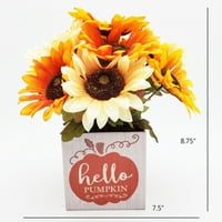 Jesen, berba u cvjetnom suncokretu u Hello papirnoj kutiji od bundeve, dekoracija stola, način za proslavu